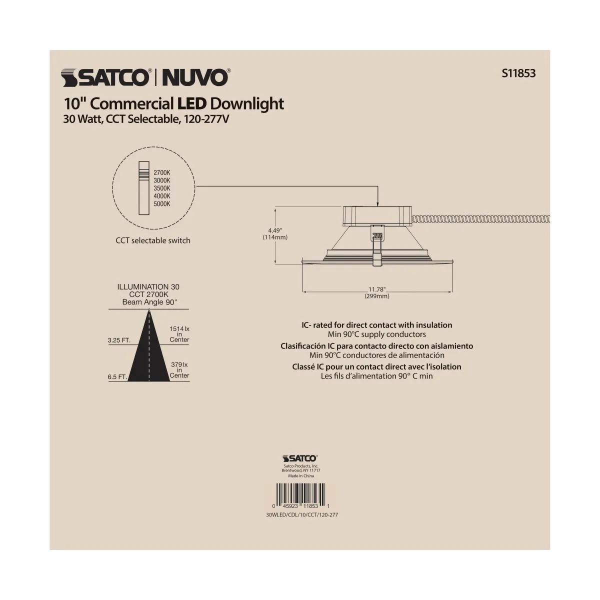 10 Inch Commercial LED Downlight, 30 Watts, 3500 Lumens, Selectable 2700K to 5000K, Baffle Trim, 120-277V