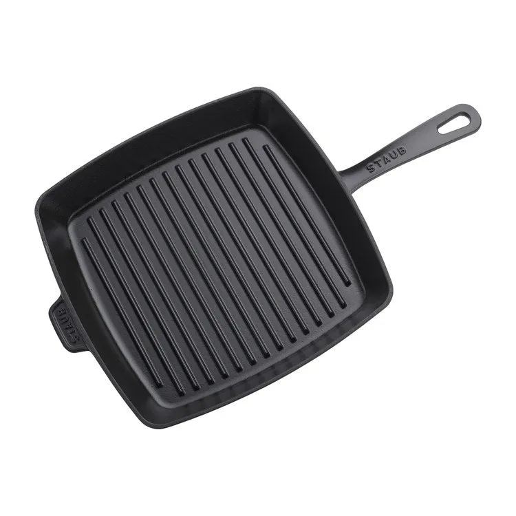 12" Cast Iron Square Grill Pan and Press Set - Matte Black