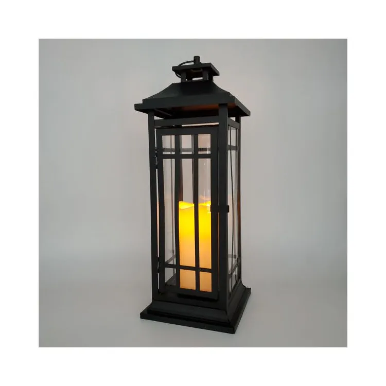 17" Black Window Battery-Operated Metal Lantern with LED Candle and Timer