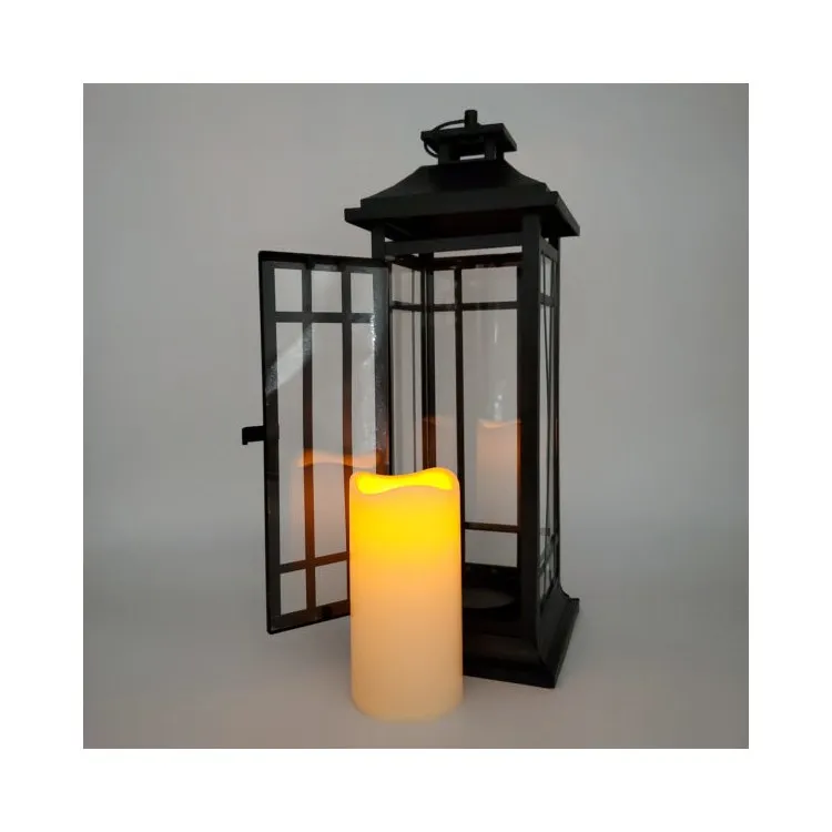 17" Black Window Battery-Operated Metal Lantern with LED Candle and Timer