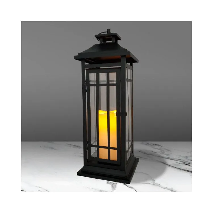 17" Black Window Battery-Operated Metal Lantern with LED Candle and Timer