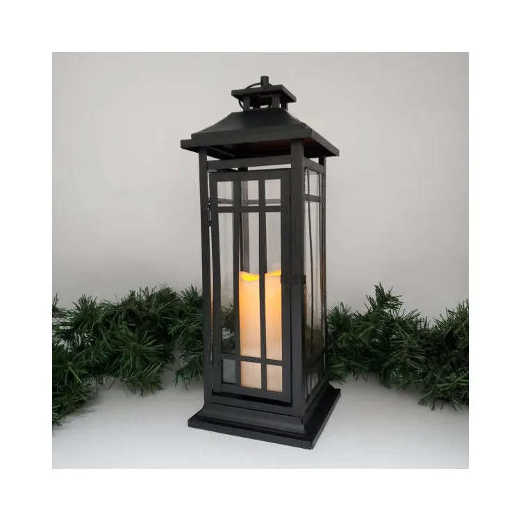 17" Black Window Battery-Operated Metal Lantern with LED Candle and Timer