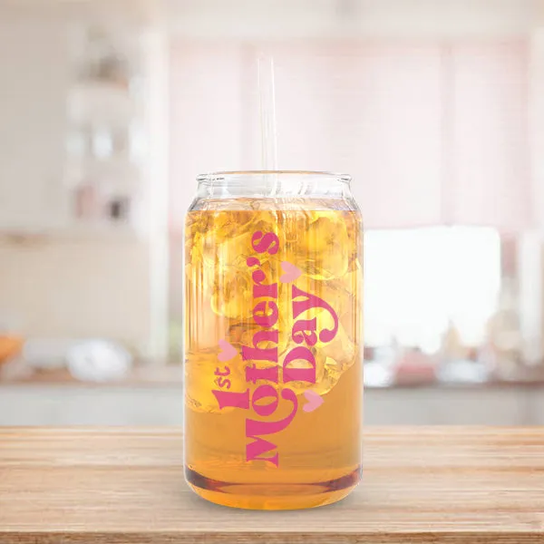 1st Mothers Day Iced Coffee Cup - 16oz Glass Can for Coffee, Smoothies, Sodas & More - Mothers Day Gift for New Moms