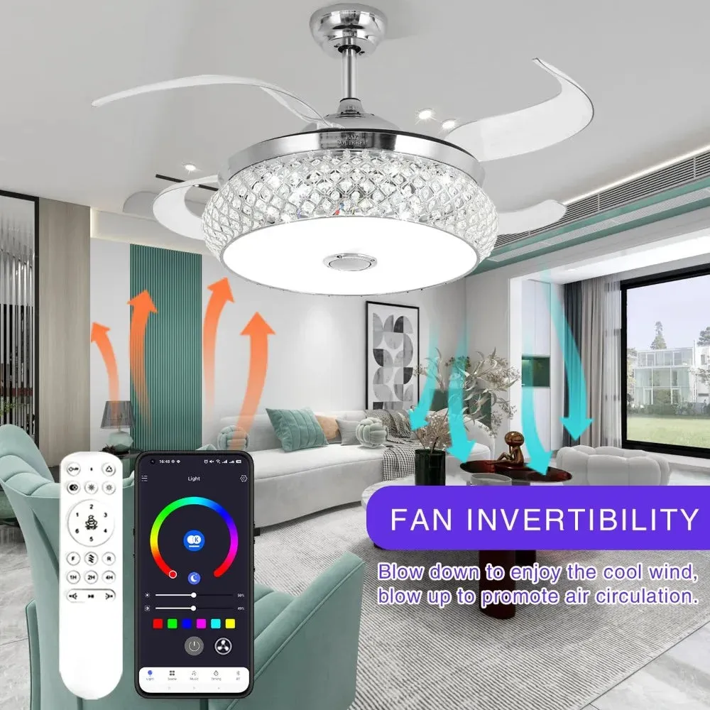 2024 New Retractable Bluetooth Ceiling Fan with Speaker, Retractable Ceiling Fan with Light and Remote/APP Control