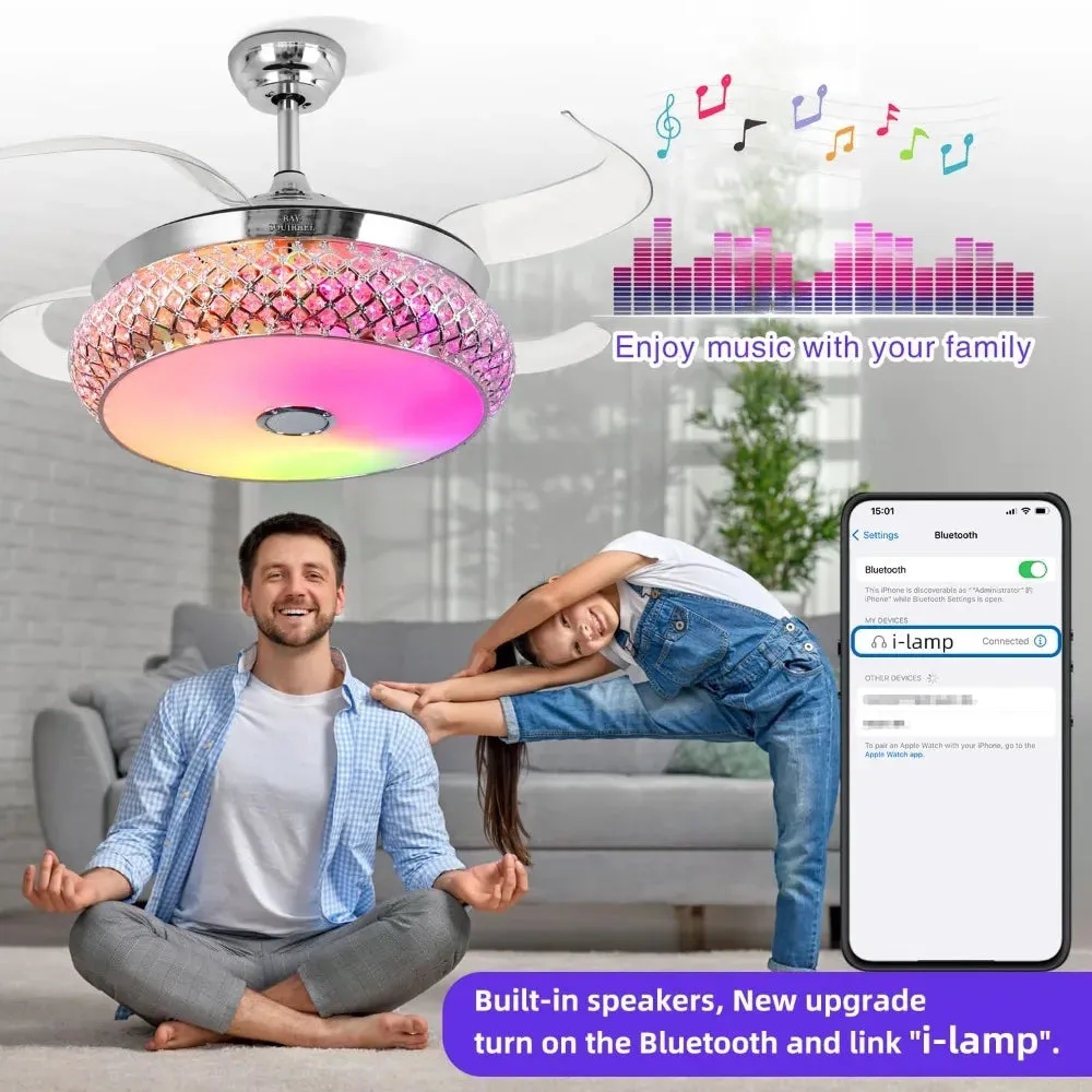 2024 New Retractable Bluetooth Ceiling Fan with Speaker, Retractable Ceiling Fan with Light and Remote/APP Control