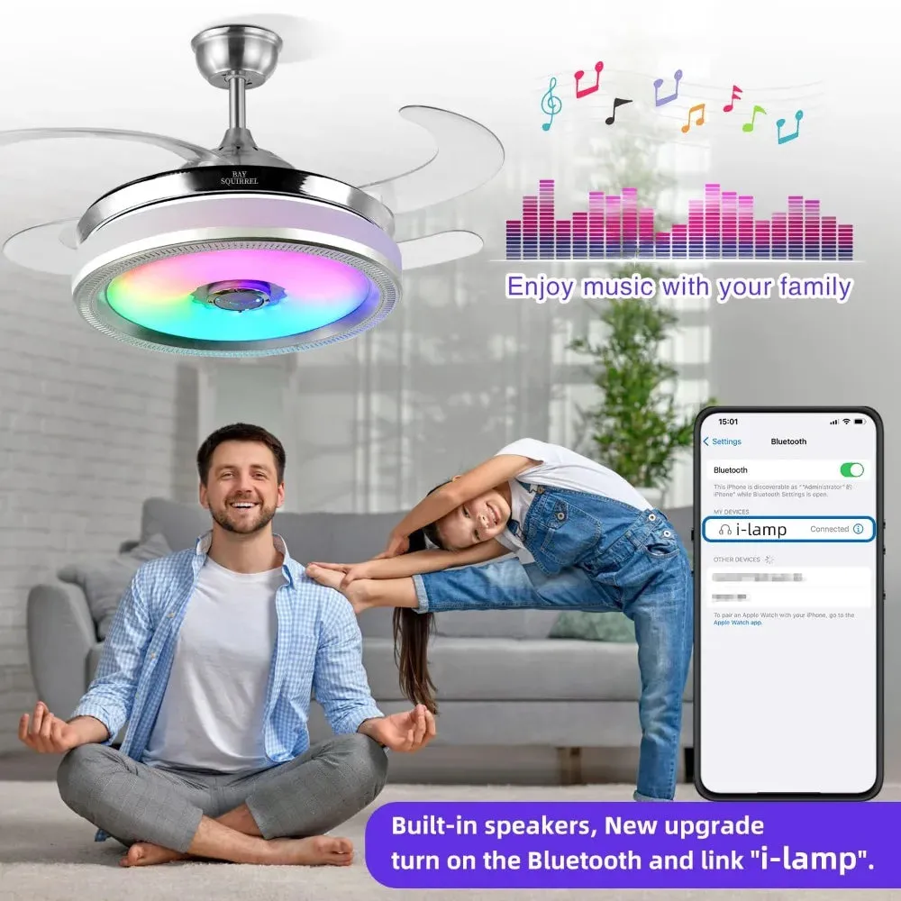 2024 New Retractable Bluetooth Ceiling Fan with Speaker, Retractable Ceiling Fan with Light and Remote/APP Control