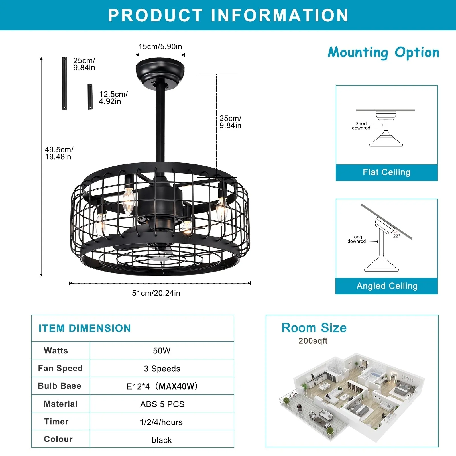 20.24" Caged Ceiling Fan with  Remote Control,Timer, 3 Speeds Indoor Ceiling Fan (No include Bulbs)