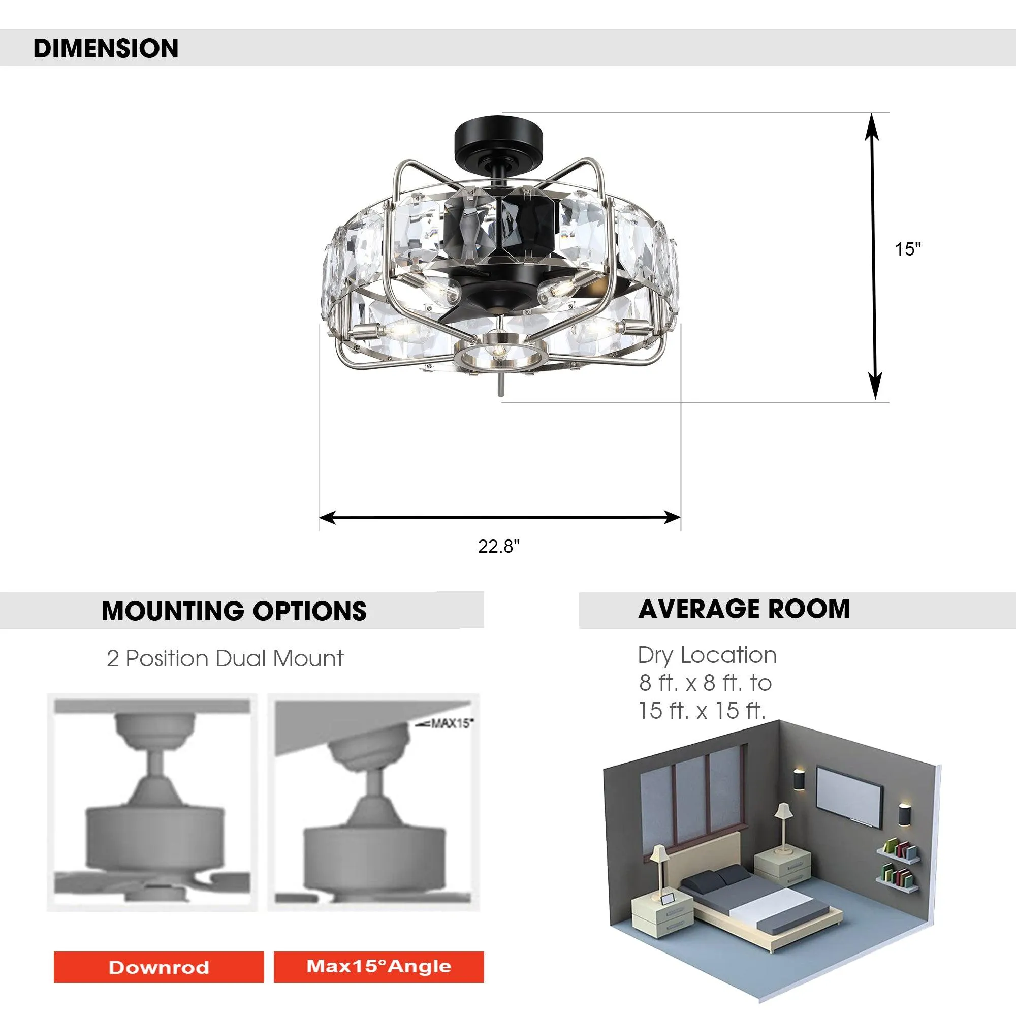 23" Modern DC Motor Downrod Mount Reversible Fandelier Ceiling Fan with Lighting and Remote Control