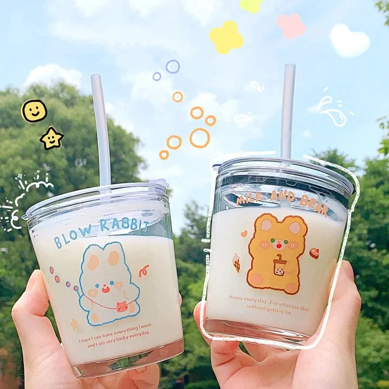 300ml Kawaii Boba Bear Glass Cup With Straw & Lid