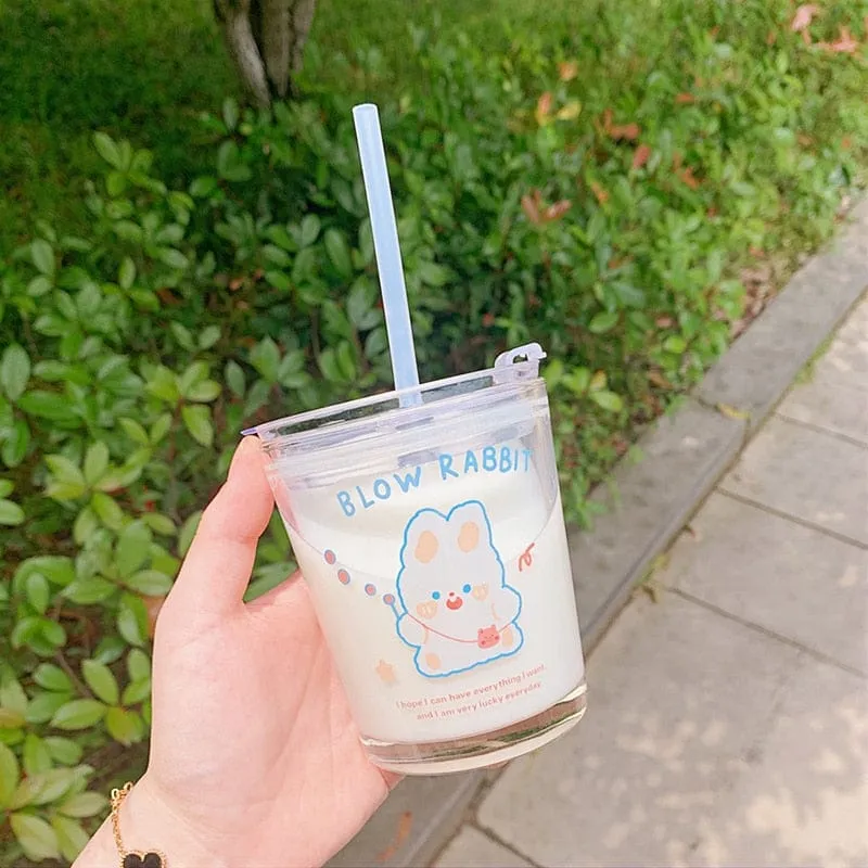 300ml Kawaii Boba Bear Glass Cup With Straw & Lid