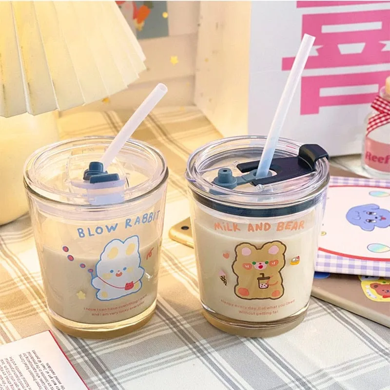 300ml Kawaii Boba Bear Glass Cup With Straw & Lid