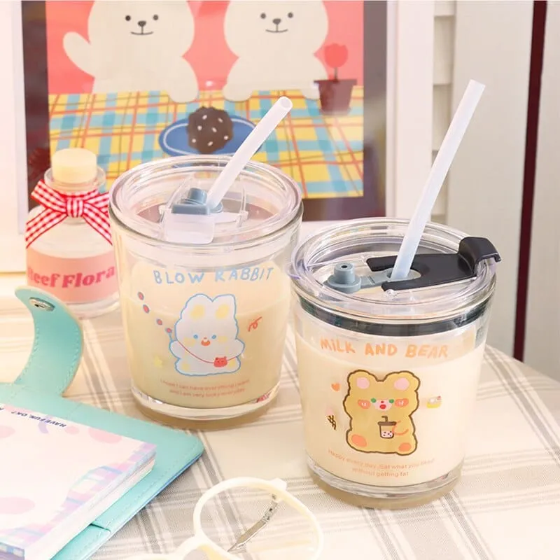 300ml Kawaii Boba Bear Glass Cup With Straw & Lid