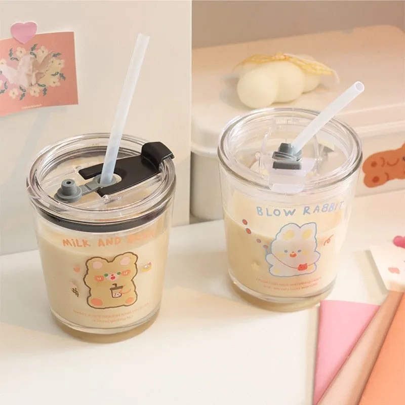 300ml Kawaii Boba Bear Glass Cup With Straw & Lid