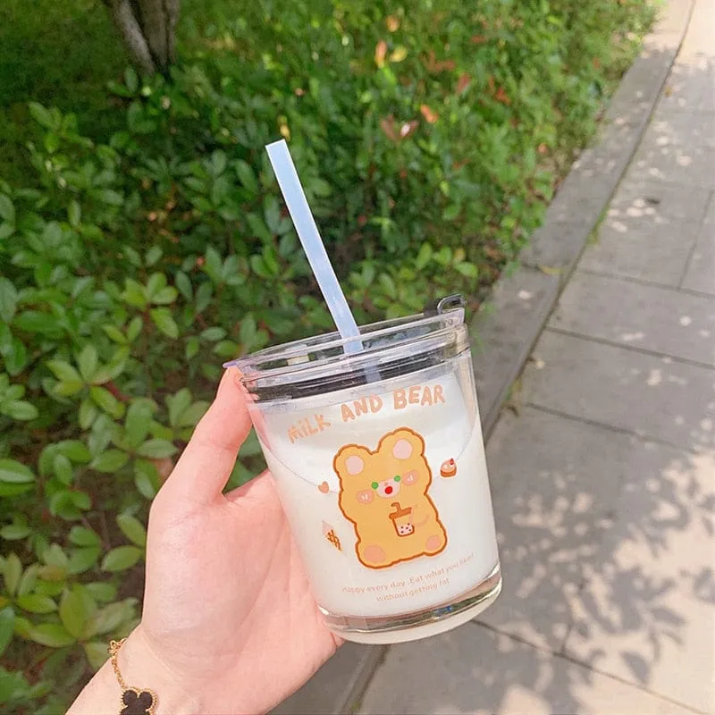 300ml Kawaii Boba Bear Glass Cup With Straw & Lid