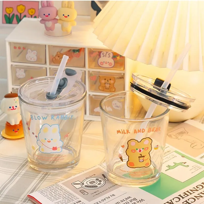 300ml Kawaii Boba Bear Glass Cup With Straw & Lid