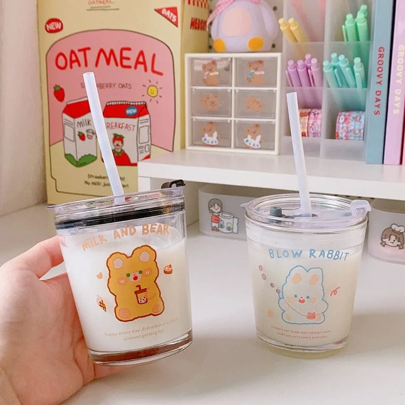 300ml Kawaii Boba Bear Glass Cup With Straw & Lid