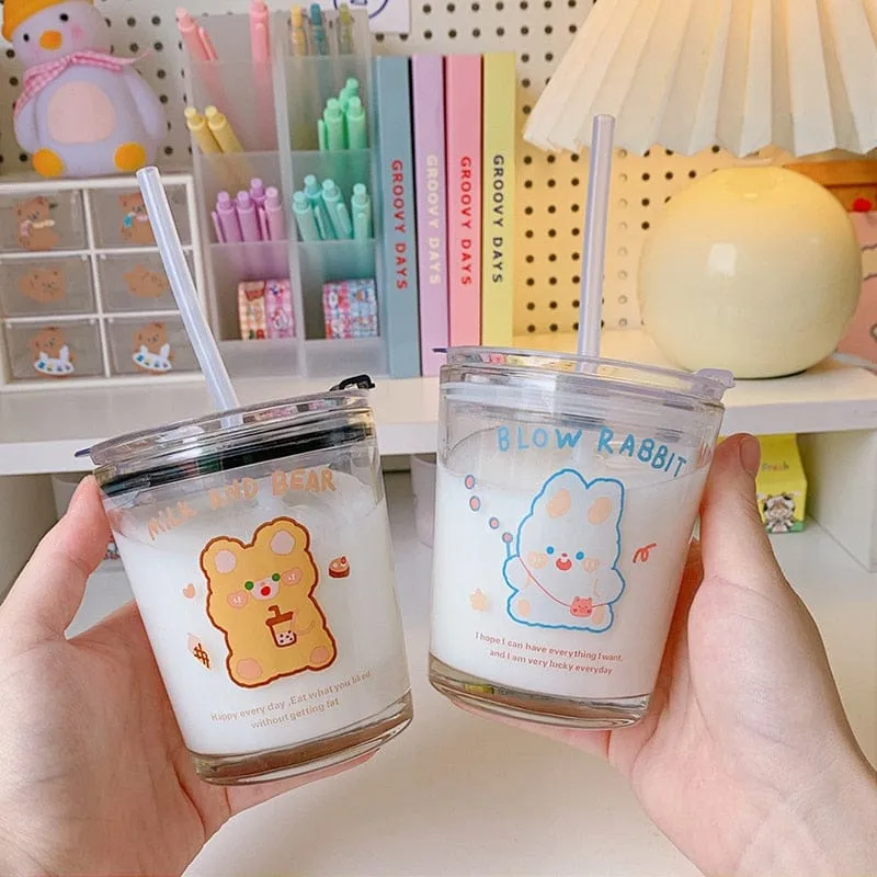 300ml Kawaii Boba Bear Glass Cup With Straw & Lid