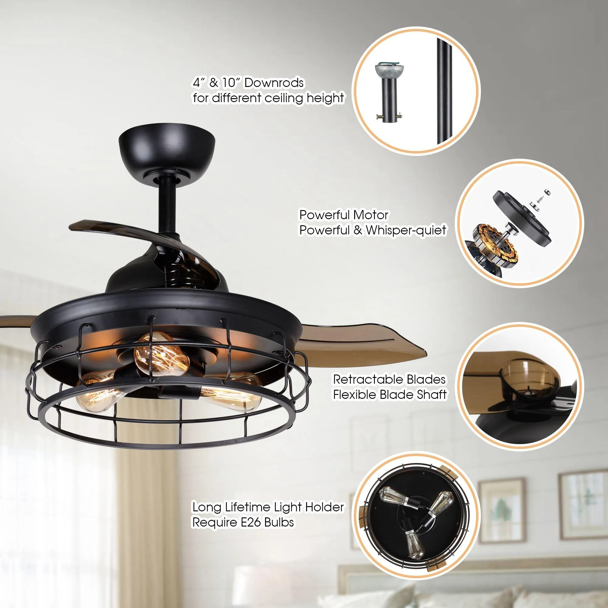 36" Pickett Industrial Downrod Mount Ceiling Fan with Lighting and Remote Control