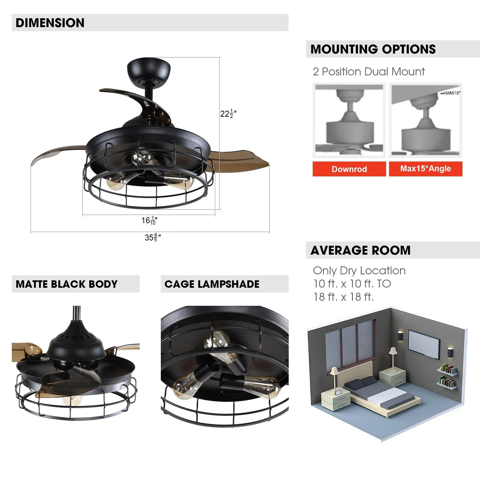 36" Pickett Industrial Downrod Mount Ceiling Fan with Lighting and Remote Control