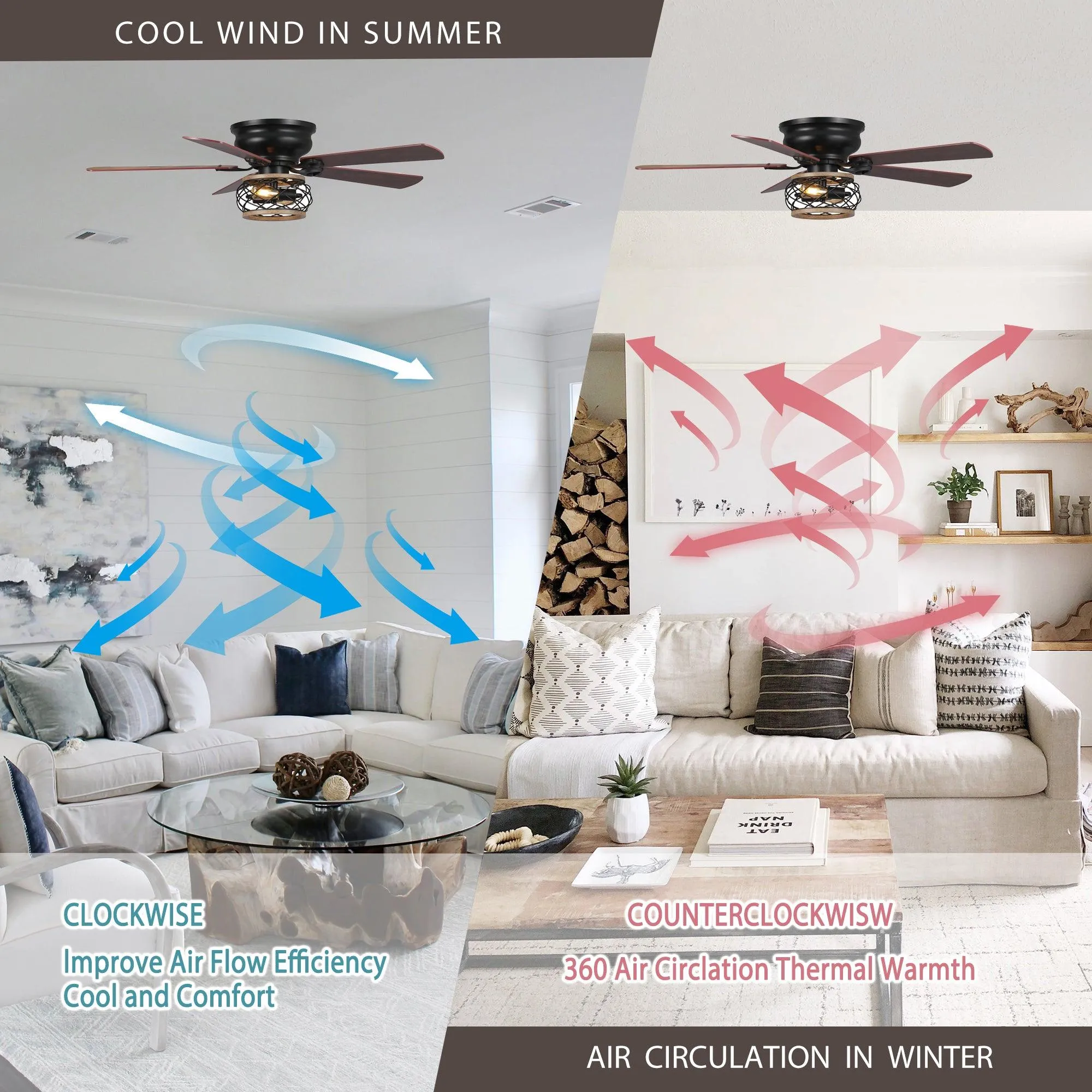 48"Antwerp Farmhouse Flush Mount Reversible Ceiling Fan with Lighting and Remote Control