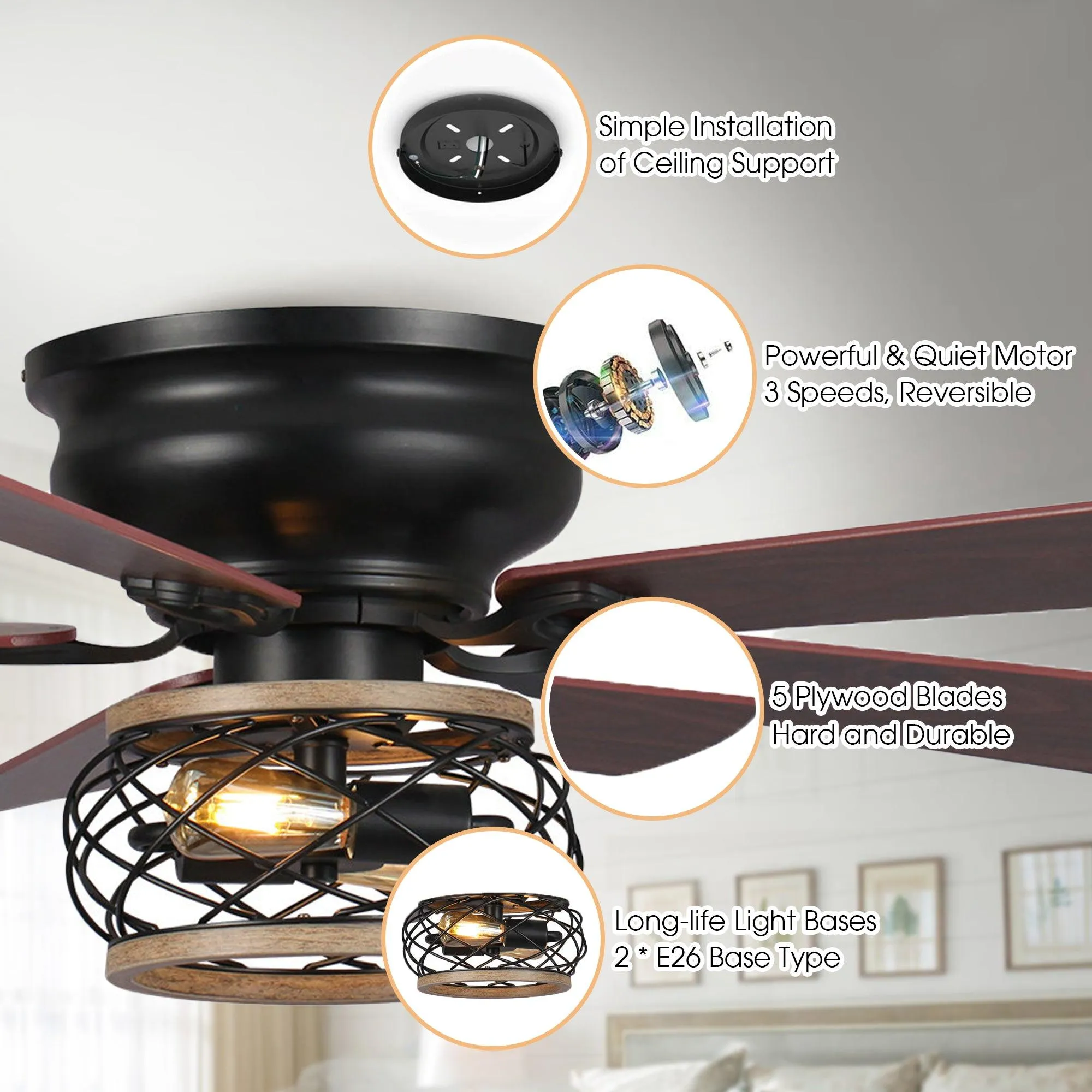 48"Antwerp Farmhouse Flush Mount Reversible Ceiling Fan with Lighting and Remote Control