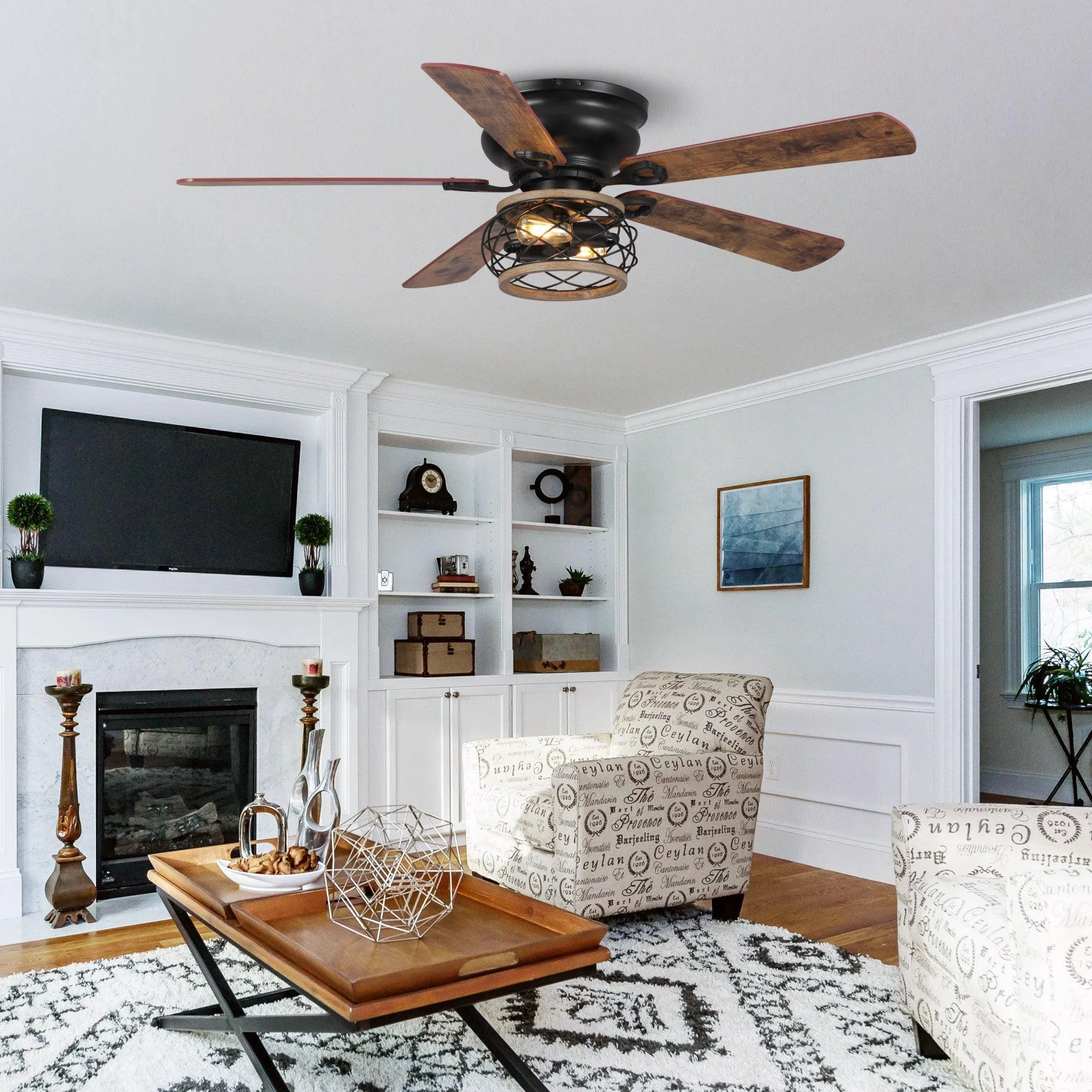 48"Antwerp Farmhouse Flush Mount Reversible Ceiling Fan with Lighting and Remote Control