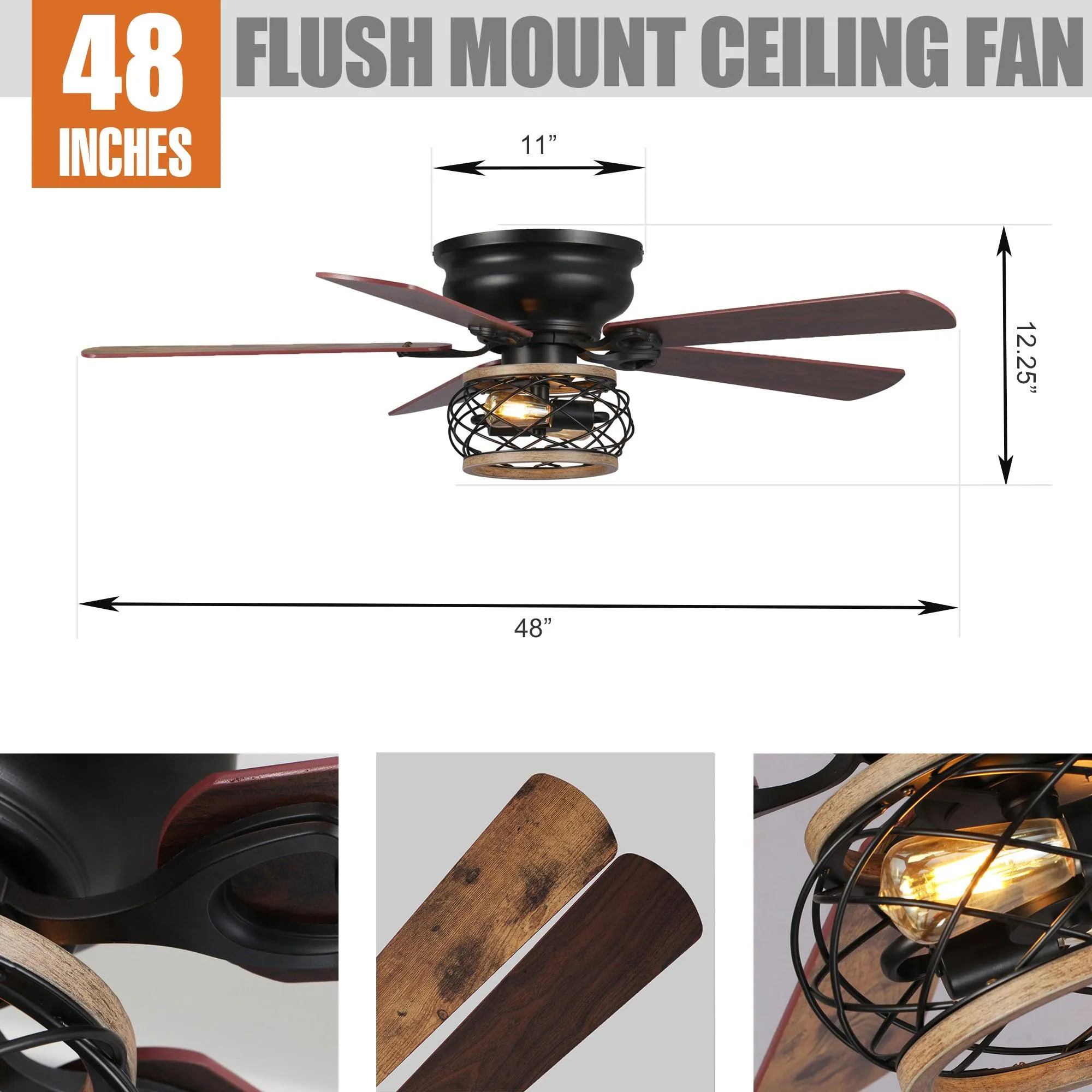 48"Antwerp Farmhouse Flush Mount Reversible Ceiling Fan with Lighting and Remote Control