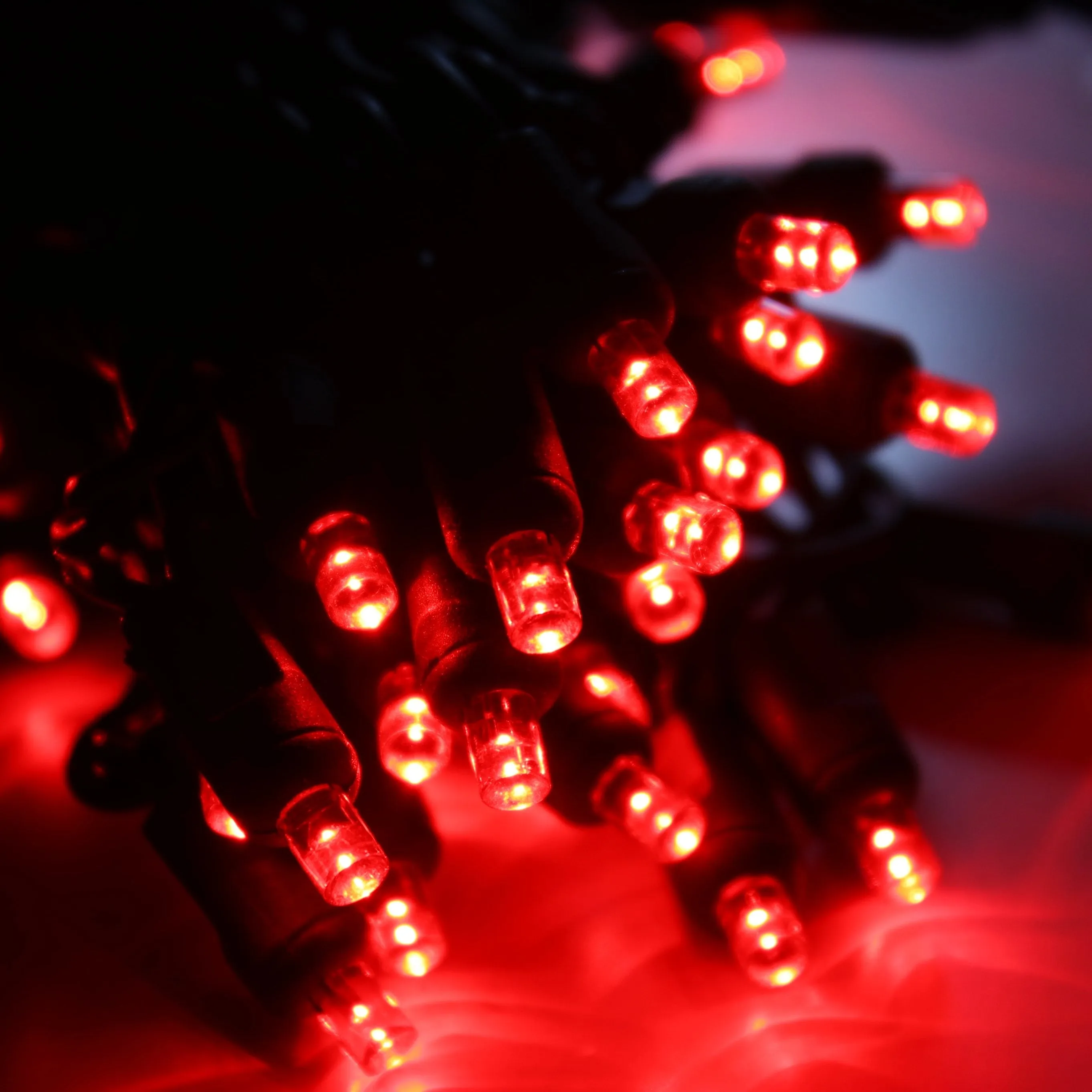 50-light  5mm Red LED Christmas Lights, 4" Spacing Green Wire