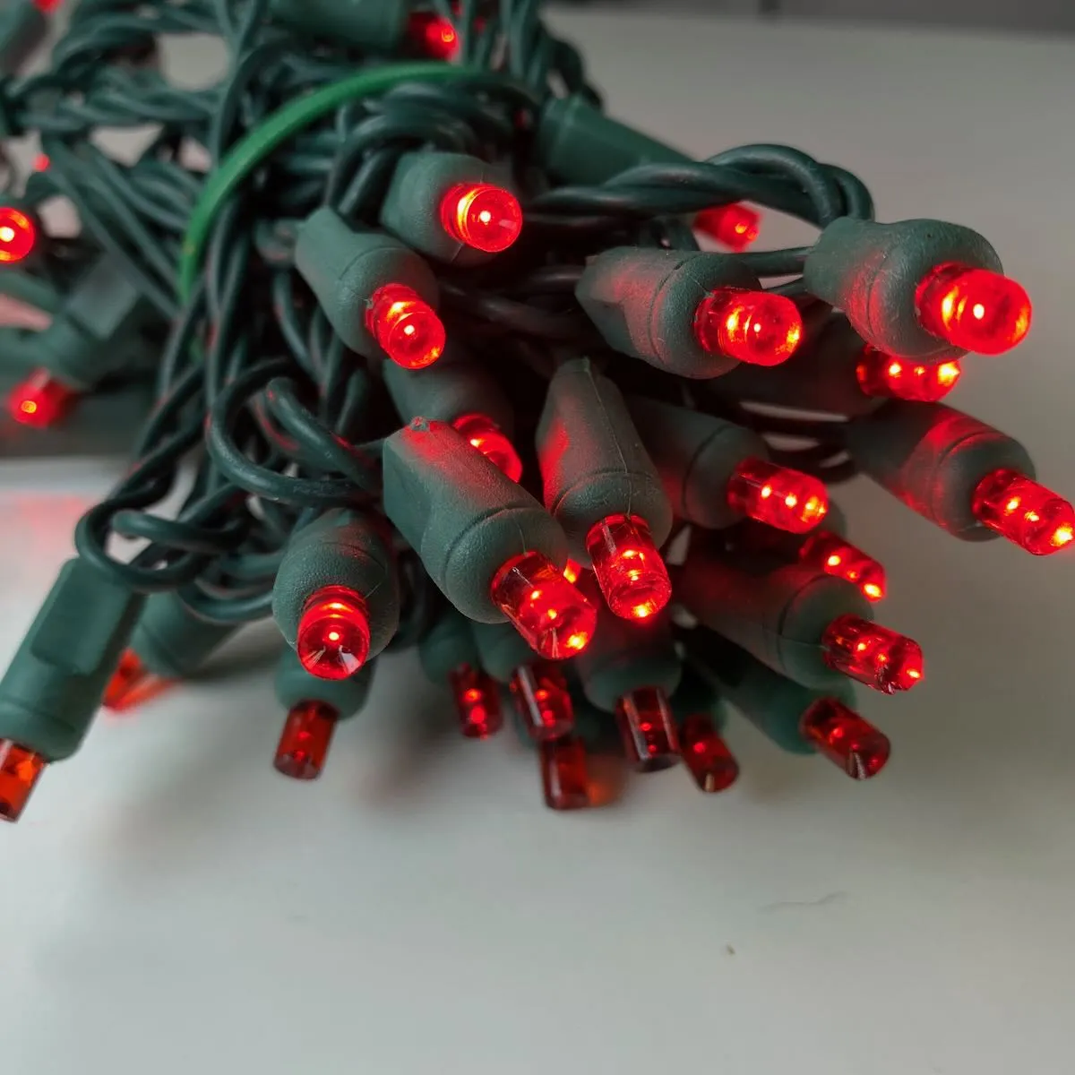 50-light  5mm Red LED Christmas Lights, 4" Spacing Green Wire