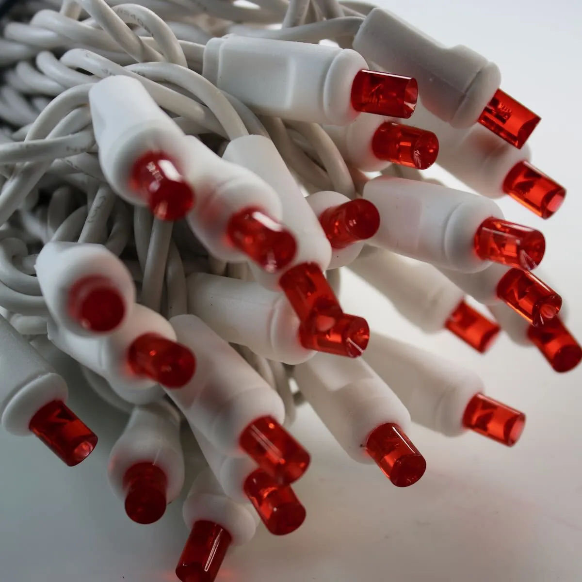 50-light  5mm Red LED Christmas Lights, 4" Spacing White Wire