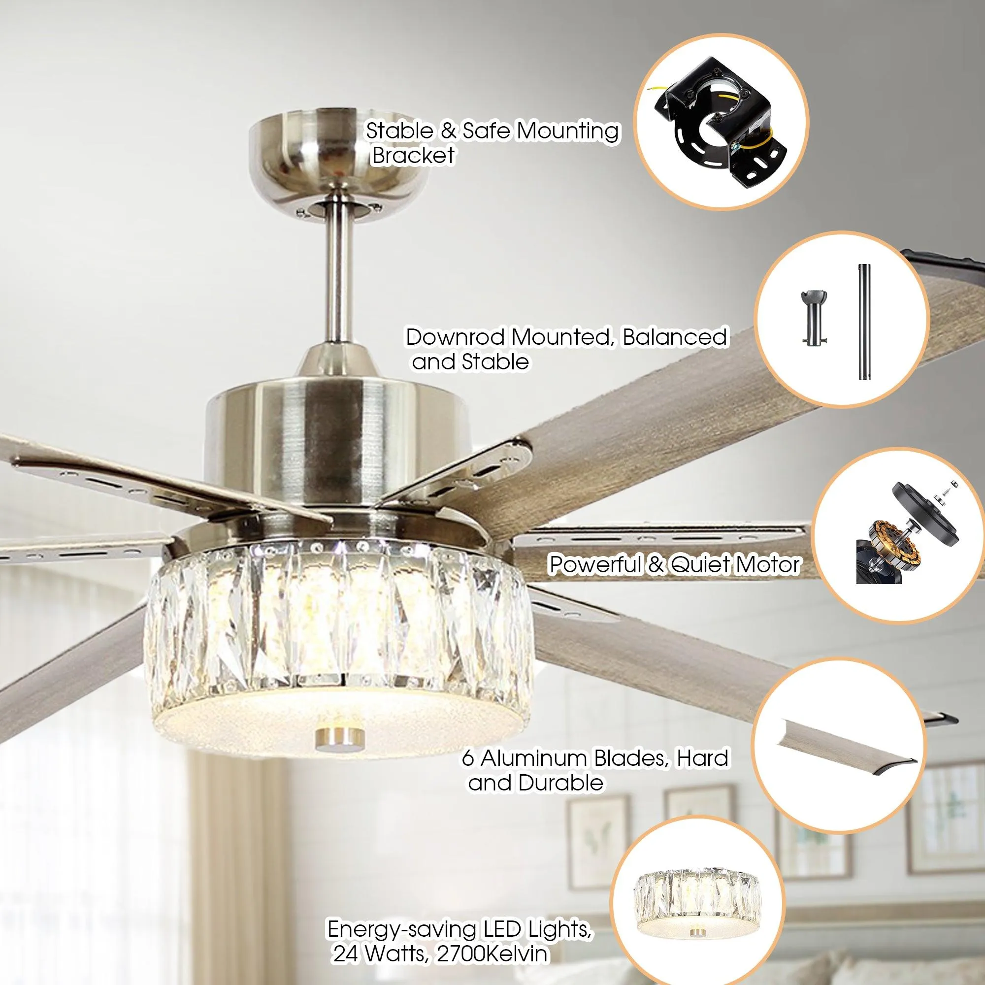 65" Modern Brushed Nickel DC Motor Downrod Mount Reversible Ceiling Fan with Lighting and Remote Control