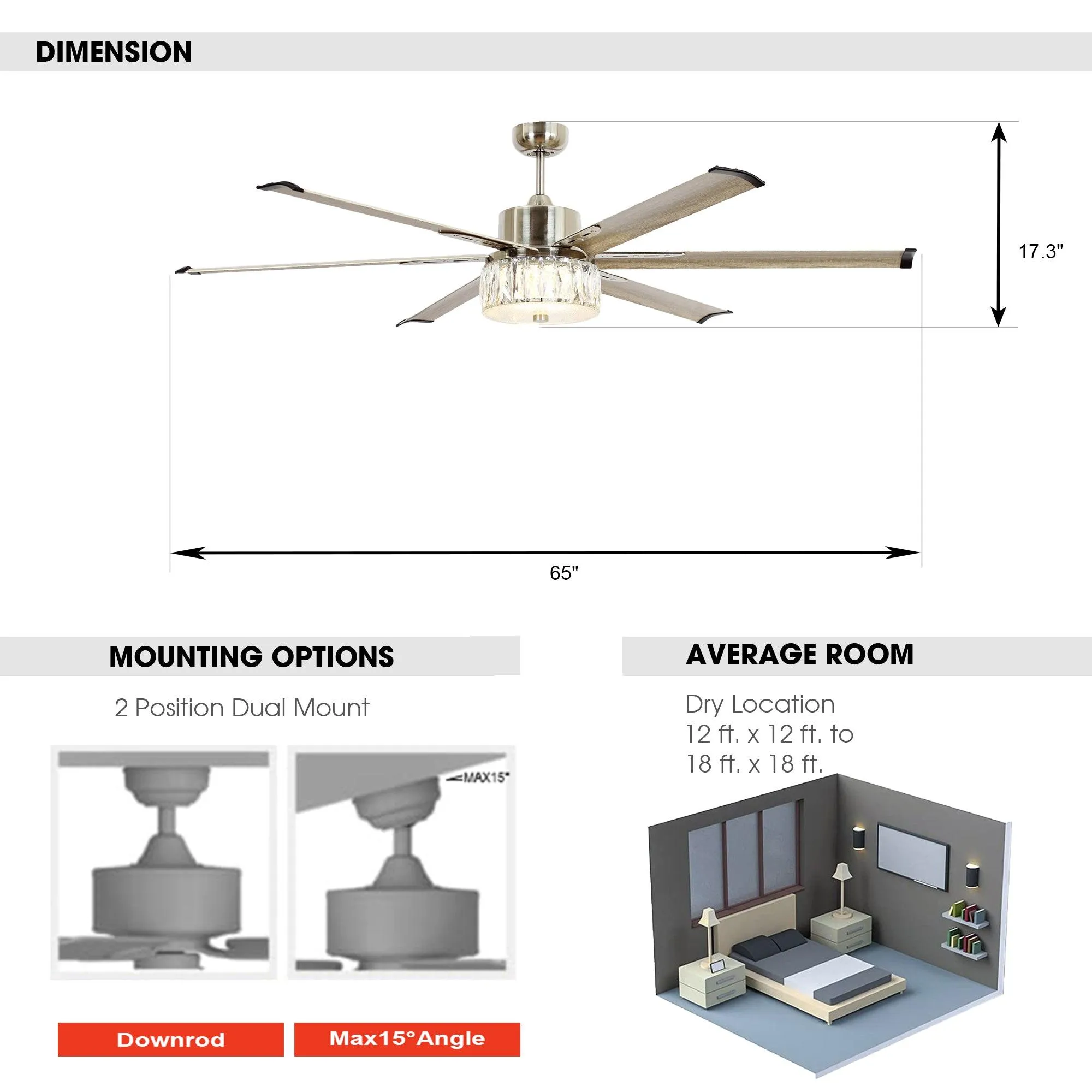 65" Modern Brushed Nickel DC Motor Downrod Mount Reversible Ceiling Fan with Lighting and Remote Control