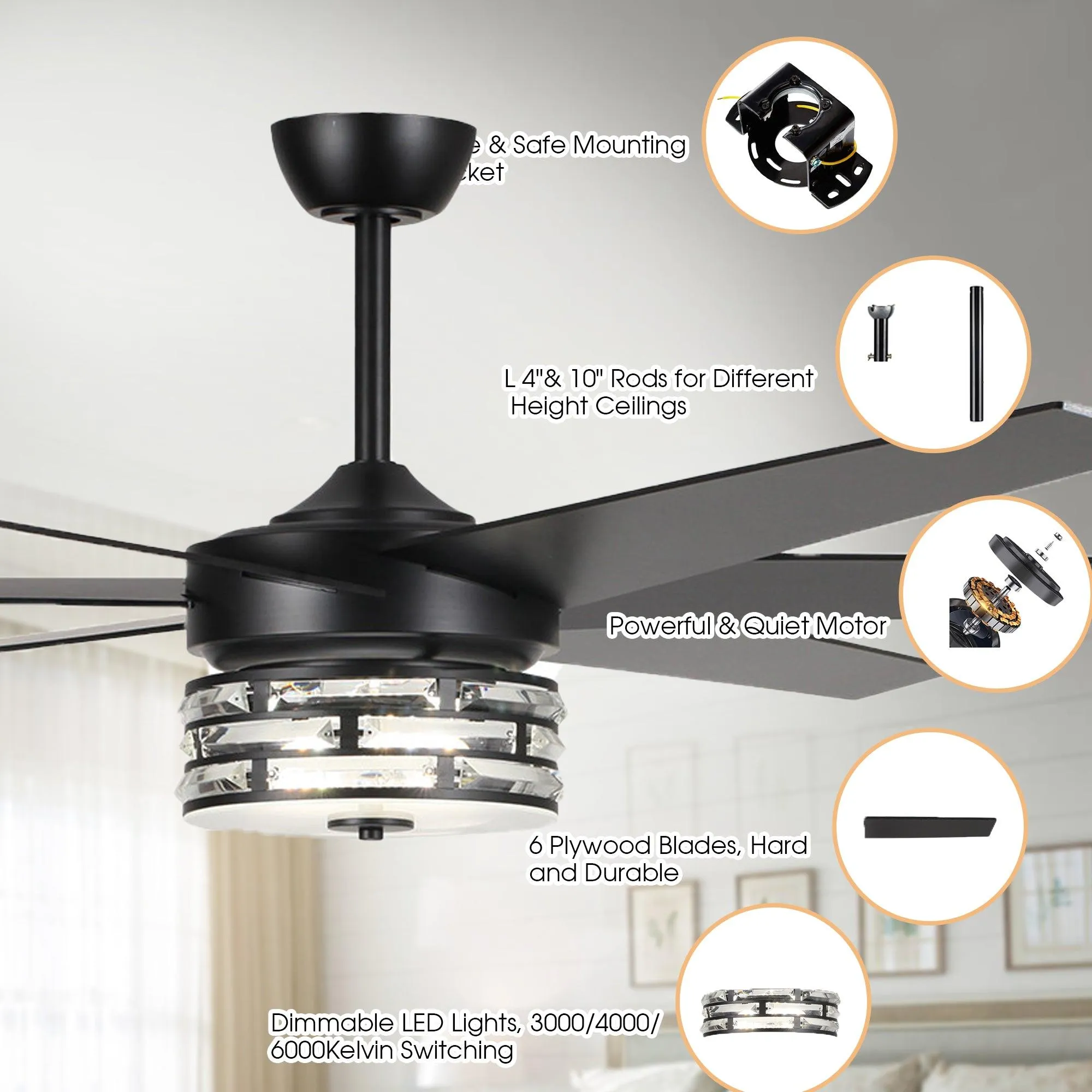 70" Modern DC Motor Downrod Mount Reversible Ceiling Fan with Lighting and Remote Control