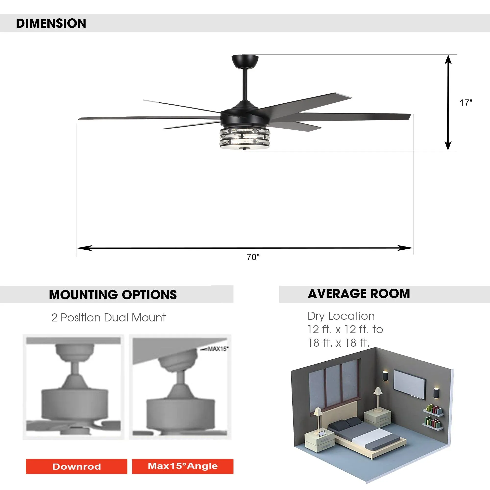 70" Modern DC Motor Downrod Mount Reversible Ceiling Fan with Lighting and Remote Control