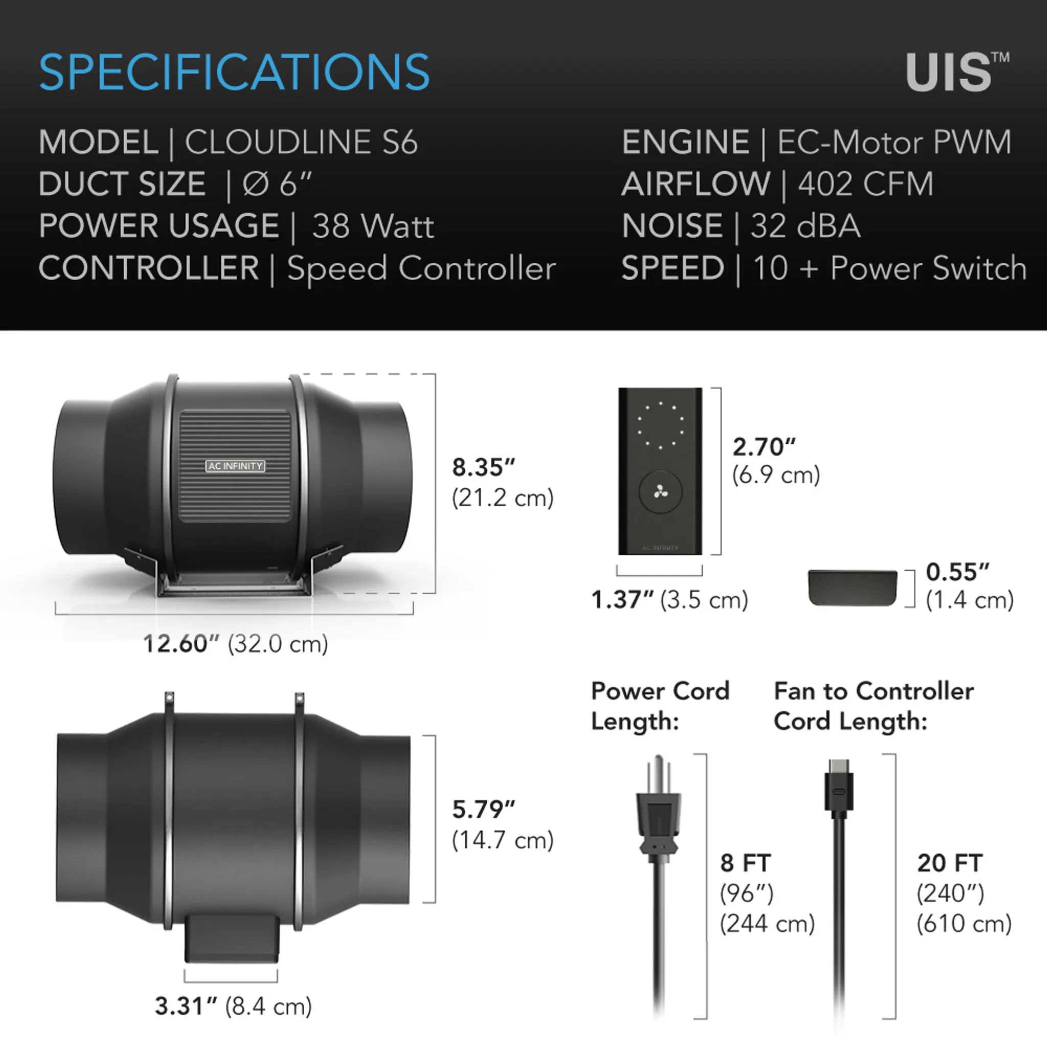 AC Infinity CLOUDLINE PRO S6, Quiet Inline Duct Fan System With Speed Controller, 6-Inch