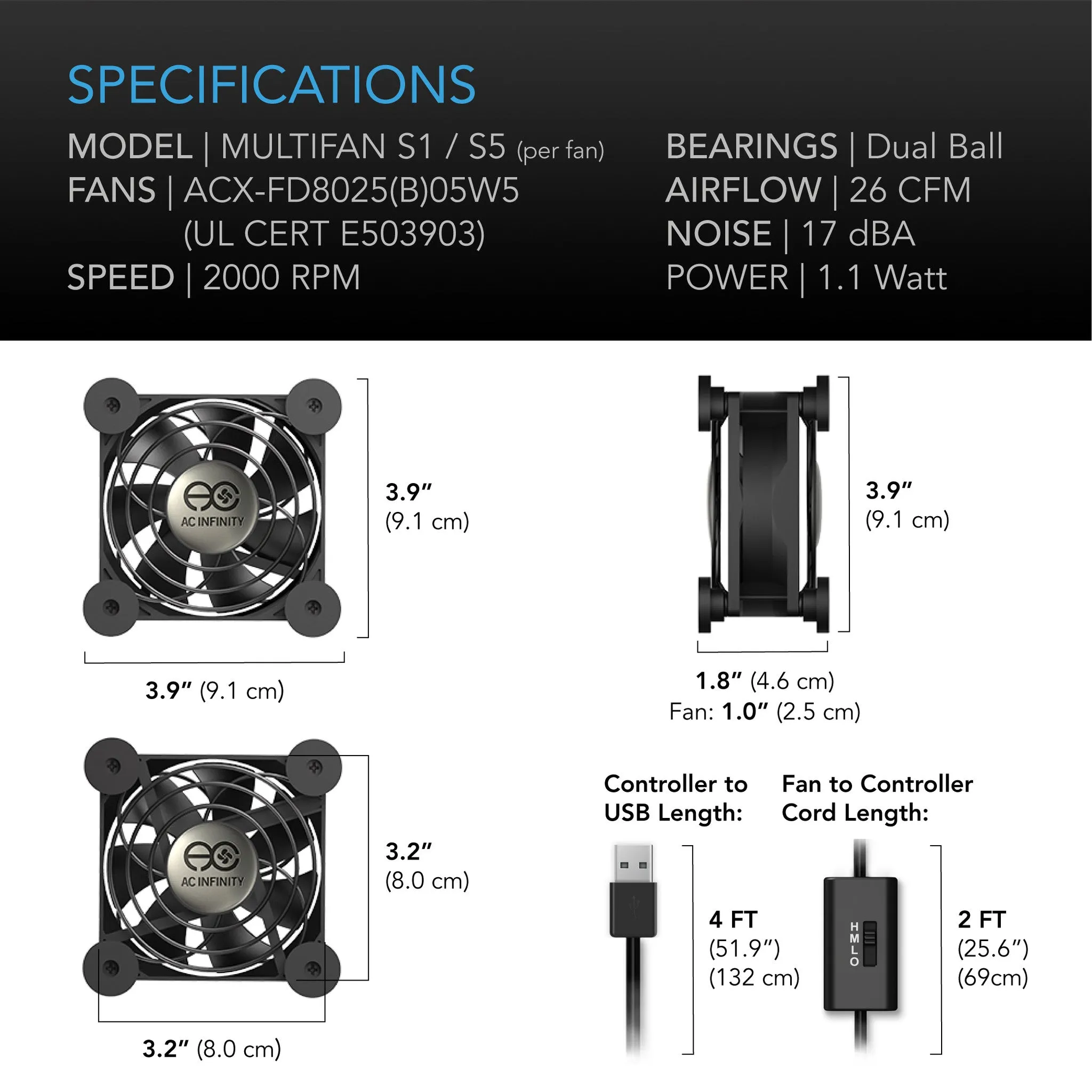 AC Infinity Multifan S1, Quiet AC-Powered Cooling Fan, 80mm