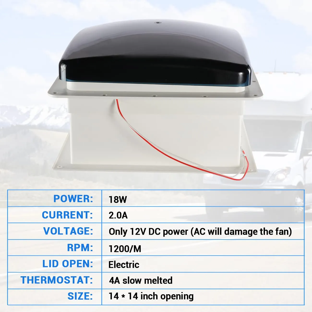 ALAVENTE 12V Automatic RV Ventilating 14” Electric Fan with Two-Way Ventilation 10 Speed Mode and Remote Controller, UV Resistant Low Noise