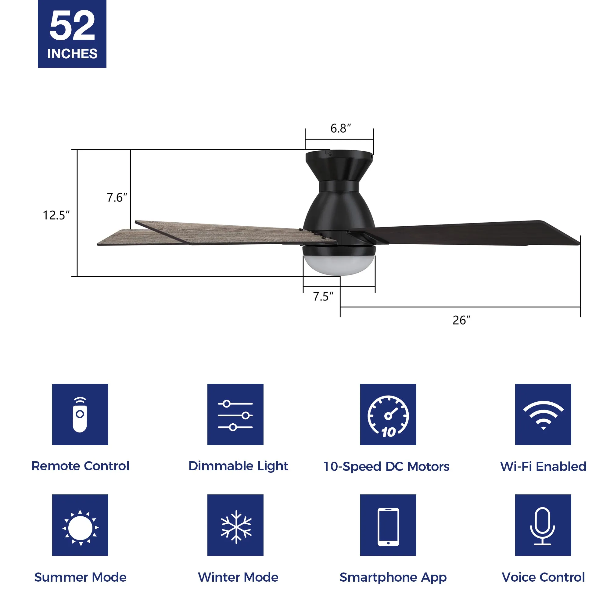 Aspen Low Profile Outdoor/Indoor Smart Ceiling Fan with LED Light 52”