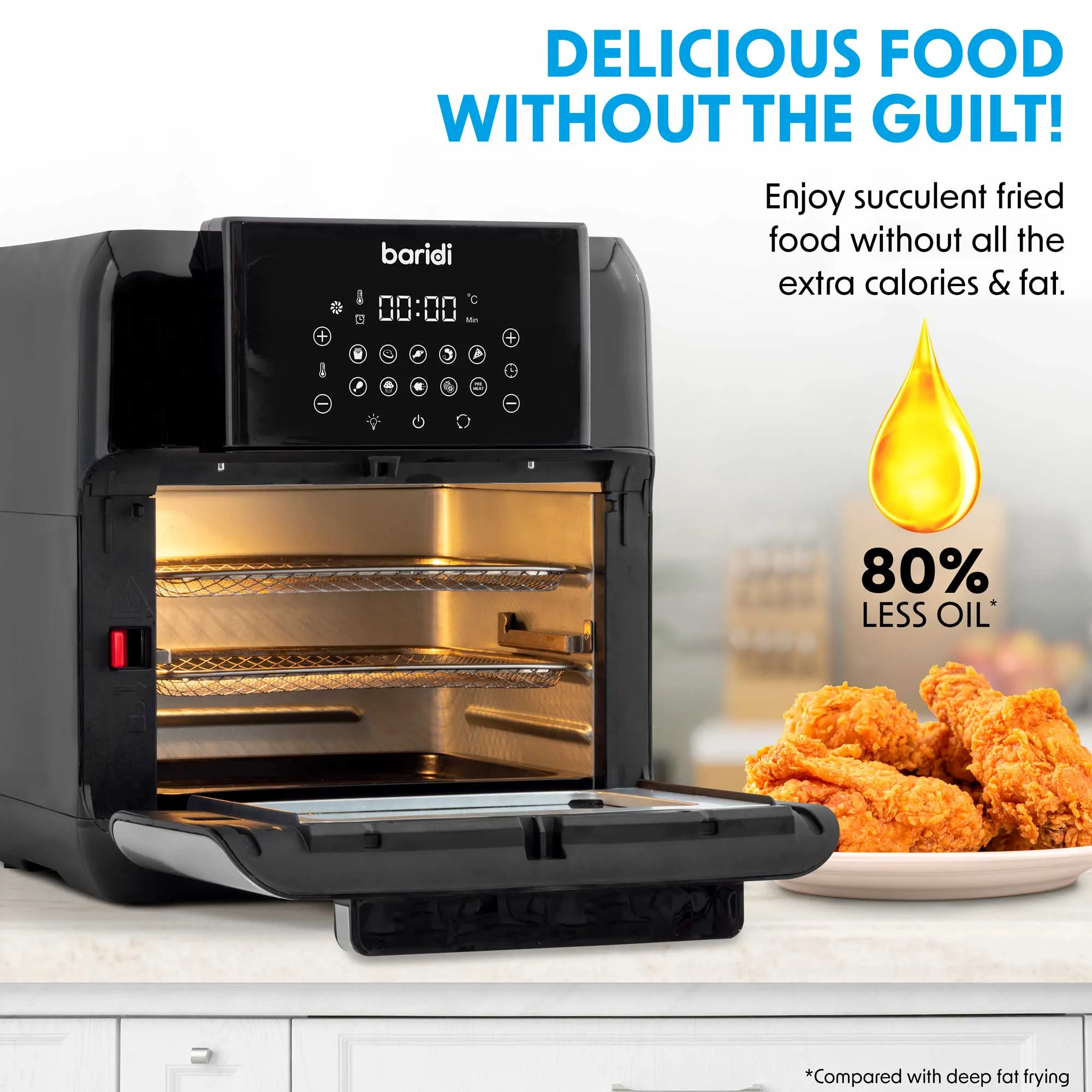 Baridi Air Fryer and Rotisserie Combi, 10 Preset Functions, 1500W, 12L, Black & Silver - DH170