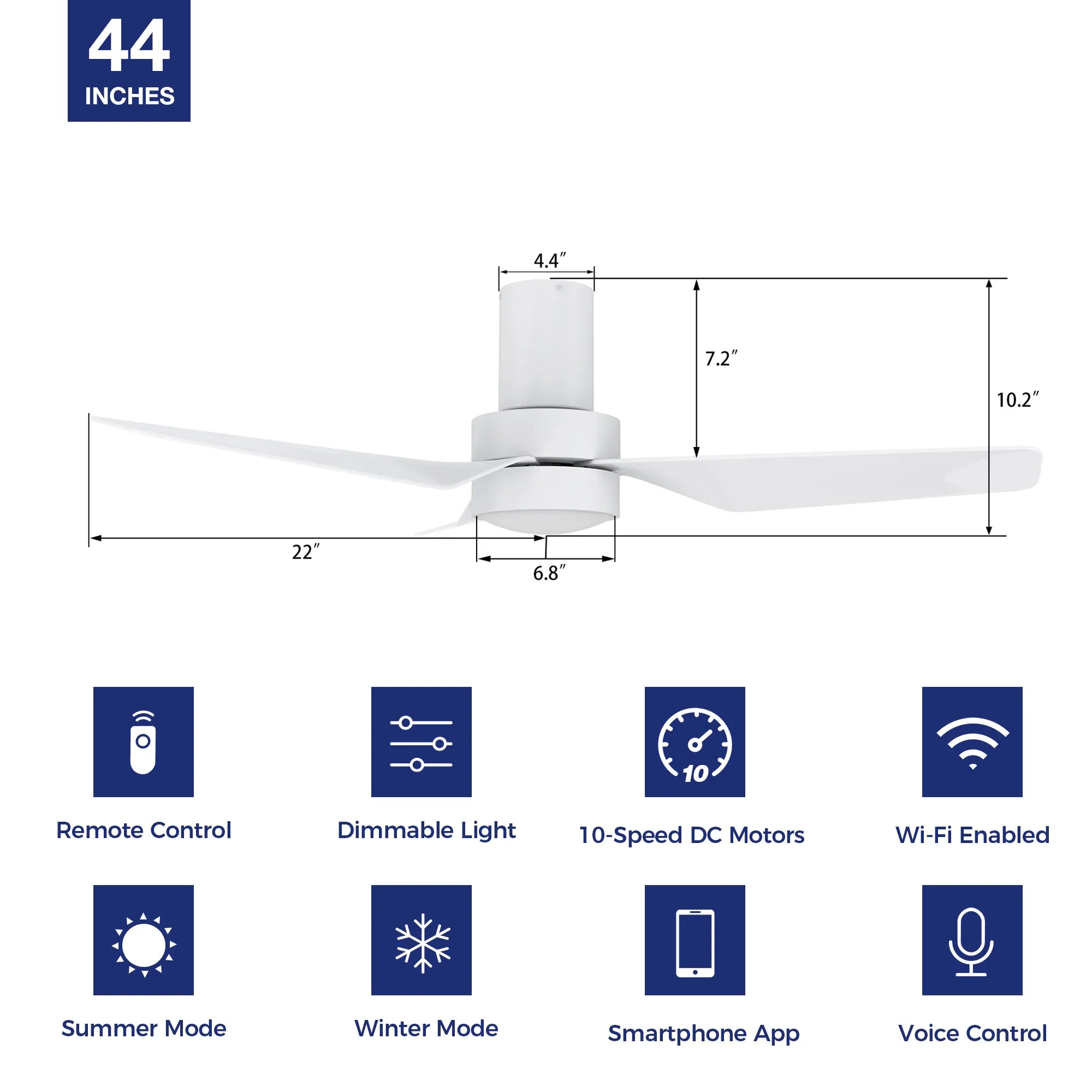 Barnet Flush Mount Smart Ceiling Fan with LED Light and remote 44 inch