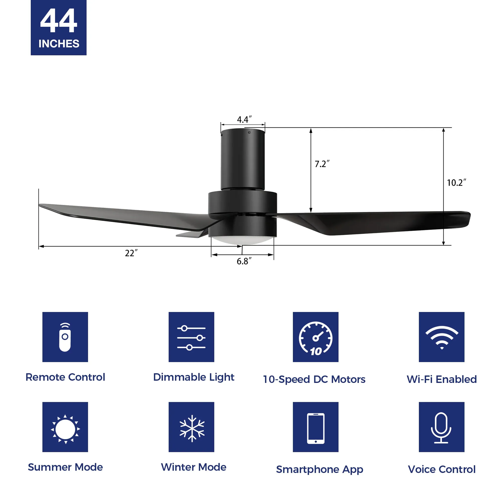 Barnet Flush Mount Smart Ceiling Fan with LED Light and remote 44 inch