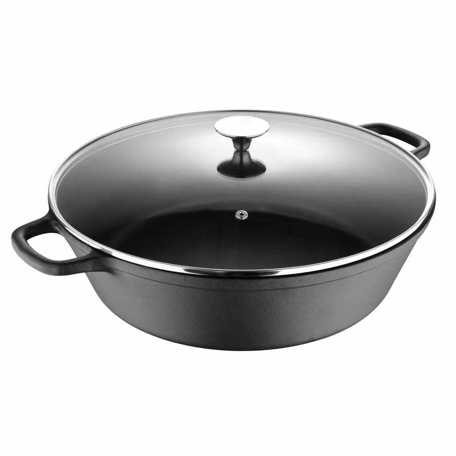 BBQ by MasterPRO - 14", 8Qt Pre Seasoned Cast Iron Family Pot with Vented Glass Lid