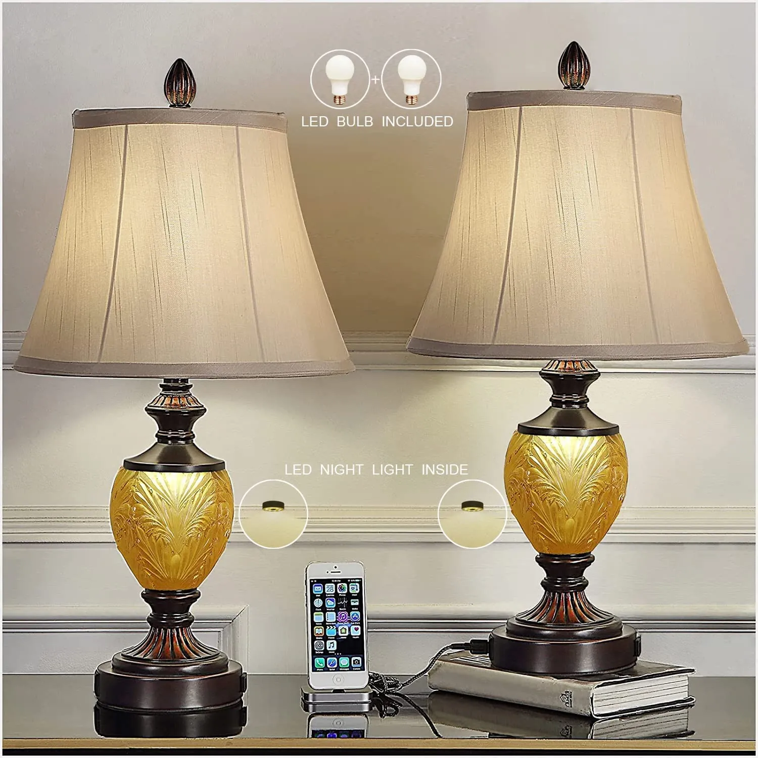 Bedside Table Lamp Set of 2 with Nightlight 2 USB Ports