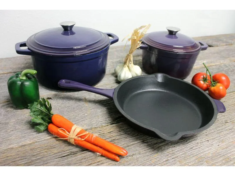 BergHOFF Neo 5pc Cast Iron Dutch Oven Set with 10" Fry Pan, 3qt. & 5qt., Purple