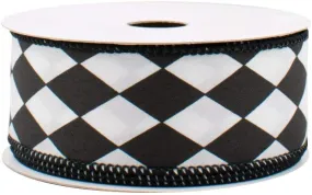 Black White Diamonds Harlequin Ribbon - 1 1/2" x 10 Yards, Argyle, Black Wire Edged