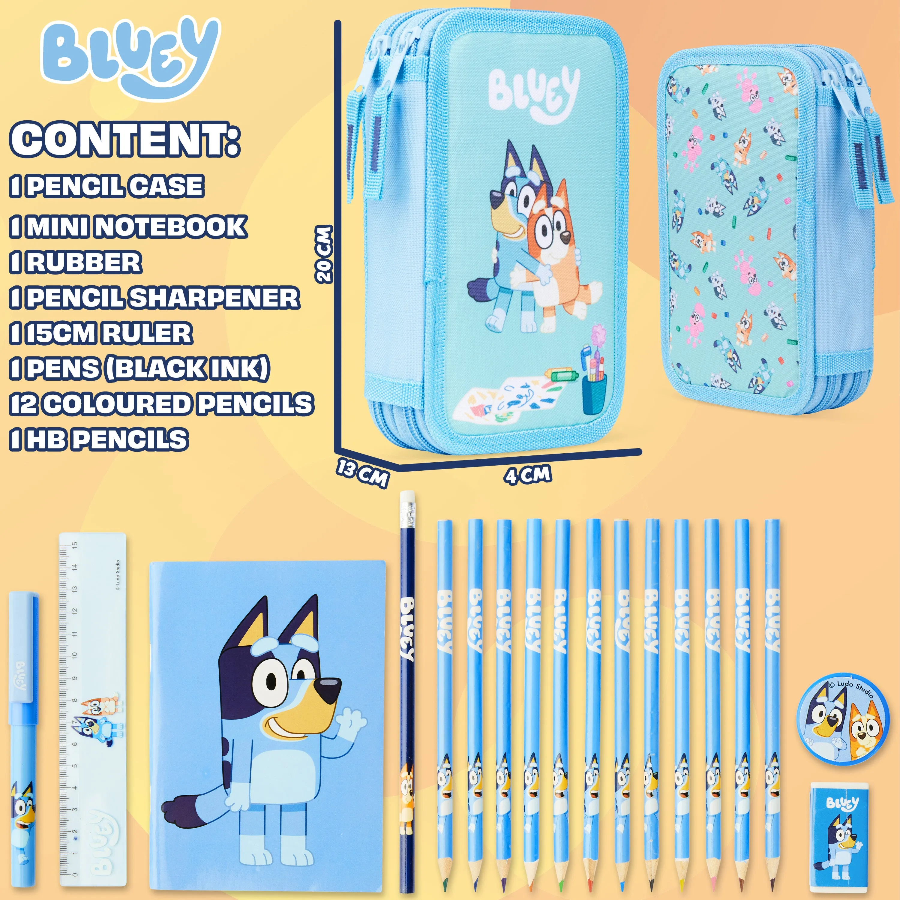 Bluey Filled Pencil Case for Kids with 2 Compartments, Stationery Included - Primary School Supplies