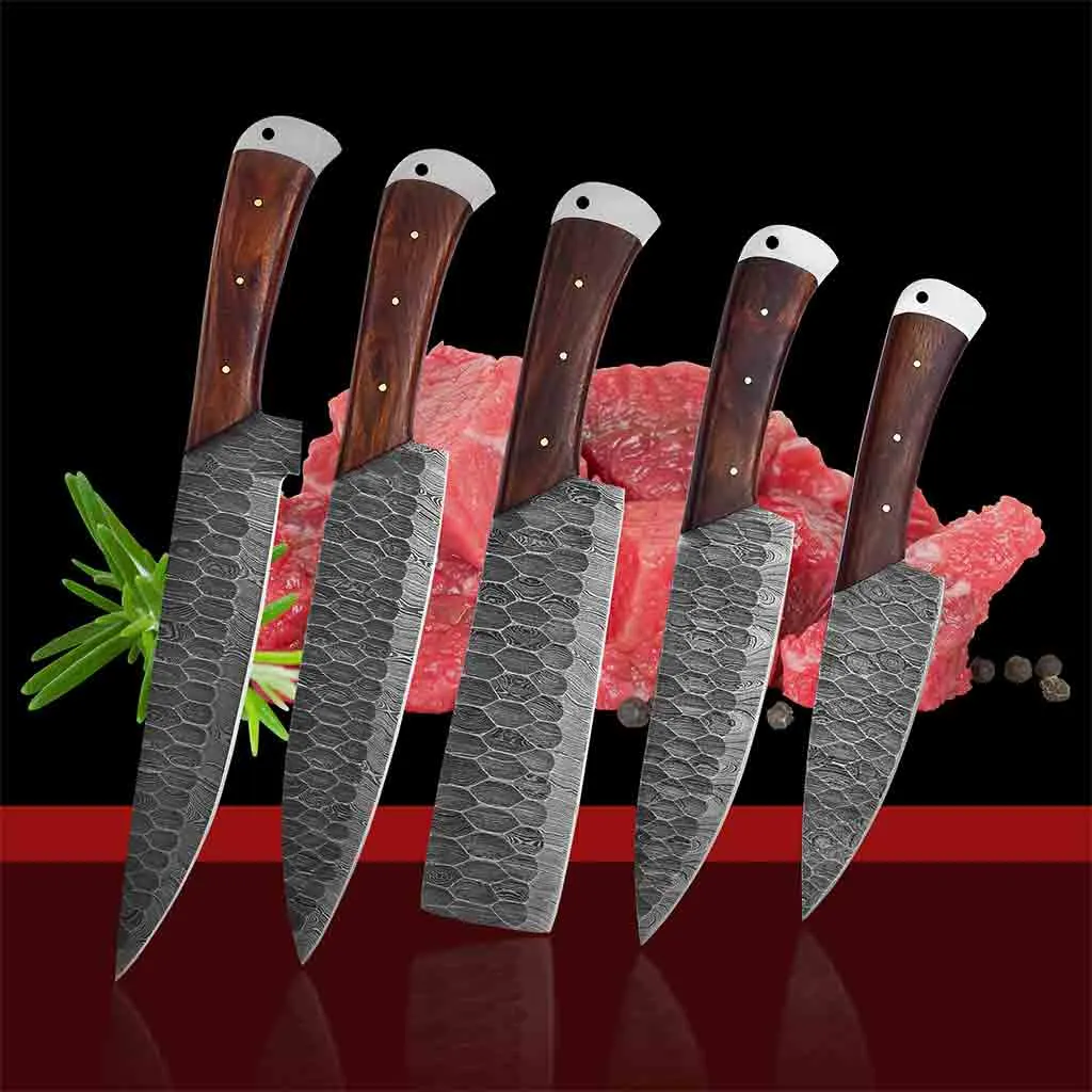 Brown Handles Handmade Damascus Kitchen Chef Knives Set of 5 Pieces