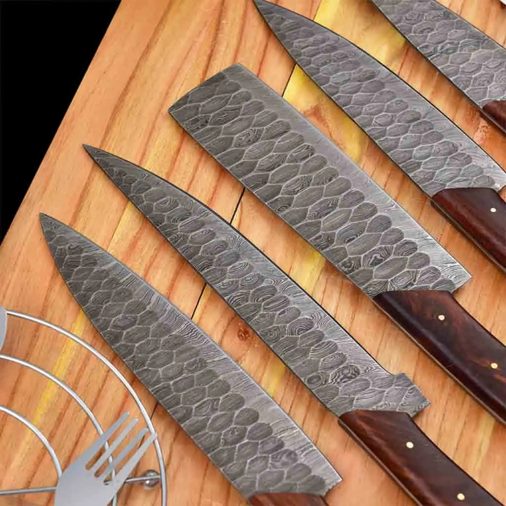 Brown Handles Handmade Damascus Kitchen Chef Knives Set of 5 Pieces