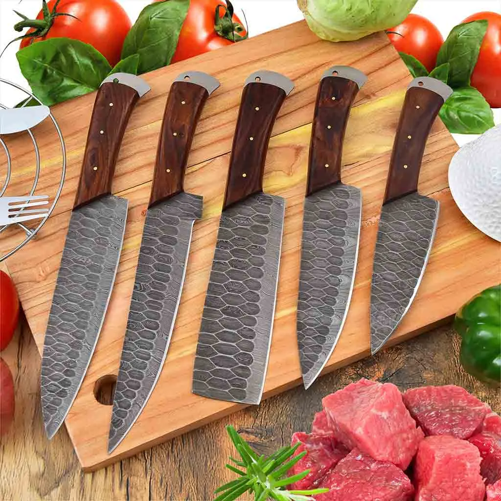 Brown Handles Handmade Damascus Kitchen Chef Knives Set of 5 Pieces