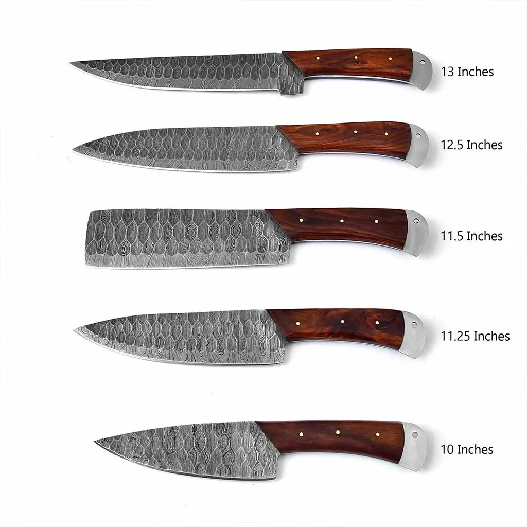 Brown Handles Handmade Damascus Kitchen Chef Knives Set of 5 Pieces